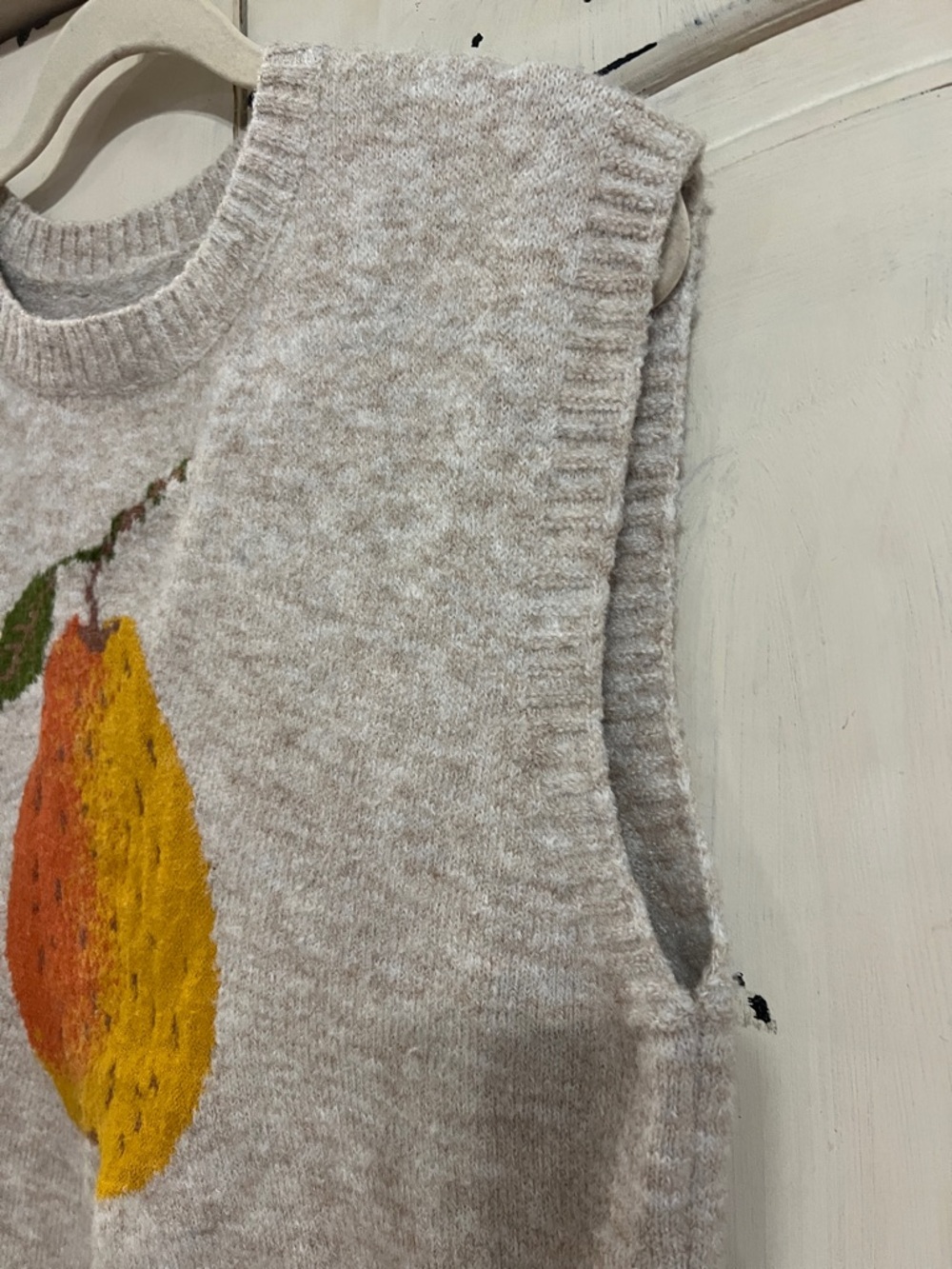 Cider Pear Sweater Vest Size Large Cozy Knit Fruit Graphic Neutral - Picture 9 of 12